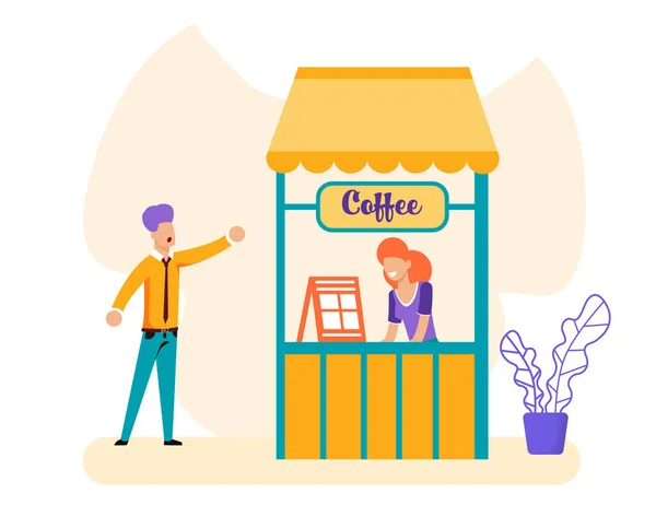 Man and Saleswoman at Coffee-Box Illustration — Stock Vector