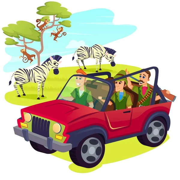 Cazadores con armas conduciendo Jeep en Safari — Vector de stock