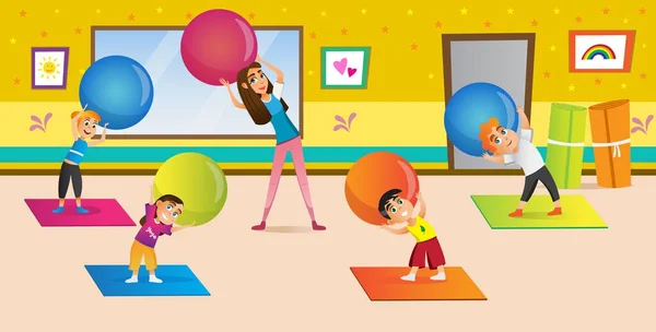 Cartoon-Frau bringt Kindern Stretching in Turnhalle bei — Stockvektor