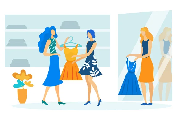 Damen versuchen auf Kleidern flache Vektor Illustration — Stockvektor