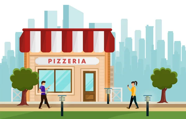 Cephede Pizzeria İşaretli Çizgi Film Binası — Stok Vektör