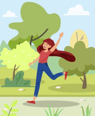 Bright Banner Girl Runs in Park and Laughs Flat. clipart