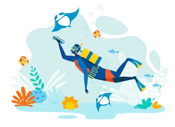 Diver Exploring Marine Life płaska ilustracja — Wektor stockowy