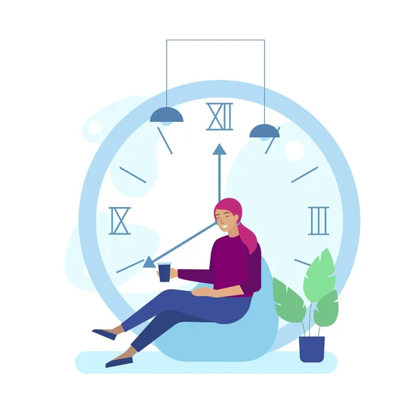 Femme Boire du café se reposer sur Big Horloge — Image vectorielle