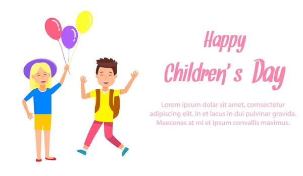 Niño y niña con globos en vacaciones de verano . — Vector de stock