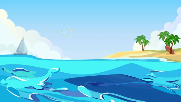 Tropical Island Coast Palm Beach Seagull in Sky — Stock Vector