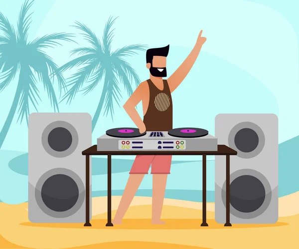 DJ avec équipement sur Tropical Beach Flat Cartoon — Image vectorielle