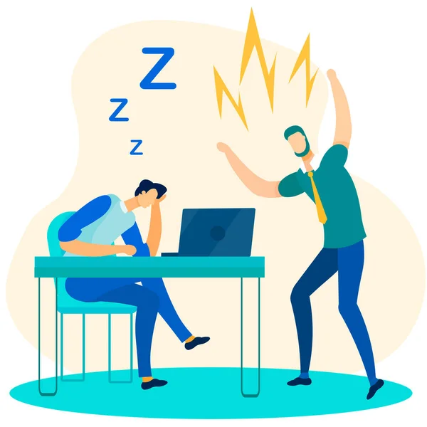 Chefe irritado e trabalhador de escritório caindo dormindo — Vetor de Stock