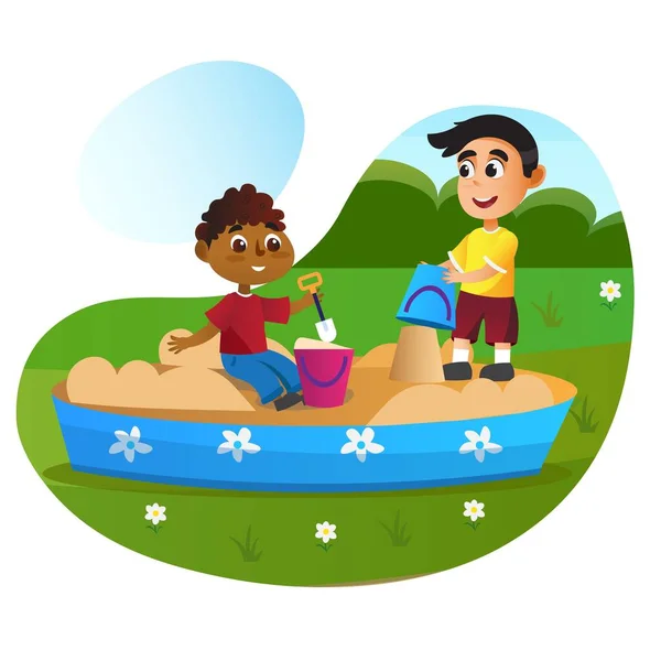 Cartoon Children in Sandbox Játssz játékkal kosár — Stock Vector