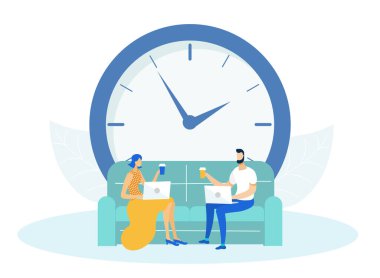 Kadın ve erkek koltukta oturur ve dizüstü bilgisayarda çalışır..