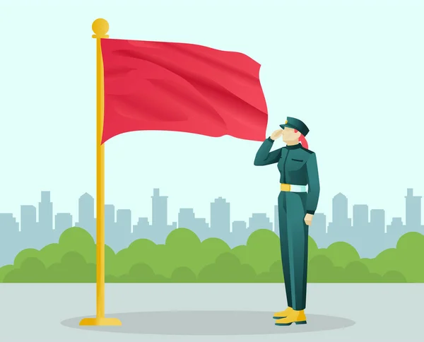Soldaat in Uniforme Saluting Stands bij Big Flag — Stockvector