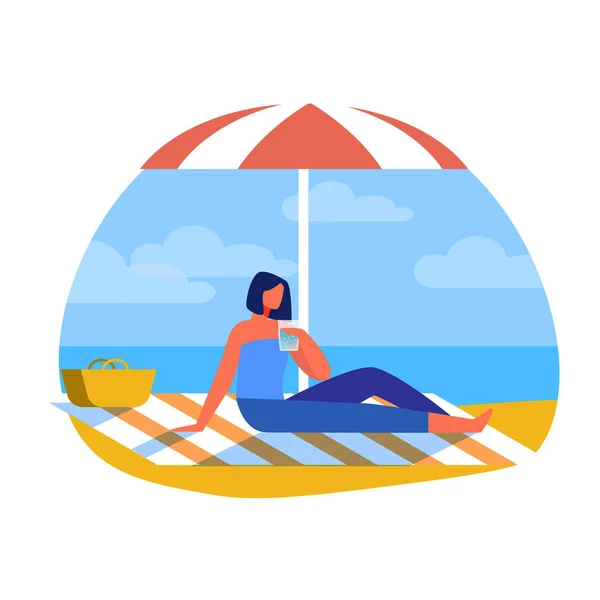 Mujer de picnic bajo paraguas en la playa . — Vector de stock