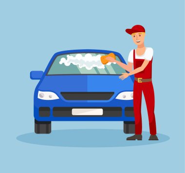 Oto Yıkama Servisi Vektör İllüstrasyonunda İşçi