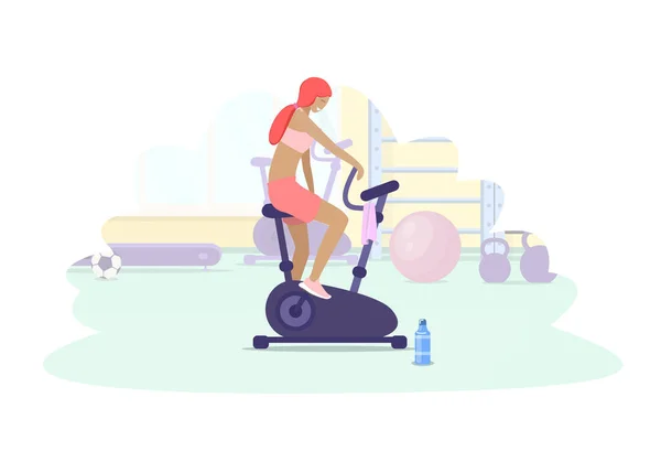 Mujer Entrenamiento en Gimnasio en bicicleta de ejercicio. Deportes — Archivo Imágenes Vectoriales