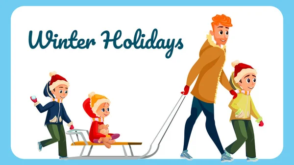 Winter Vakantie Banner Tekenfilm Man Kinderen Outdoor — Stockvector