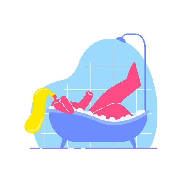 Mujer joven tomando baño plano Vector Ilustración — Vector de stock