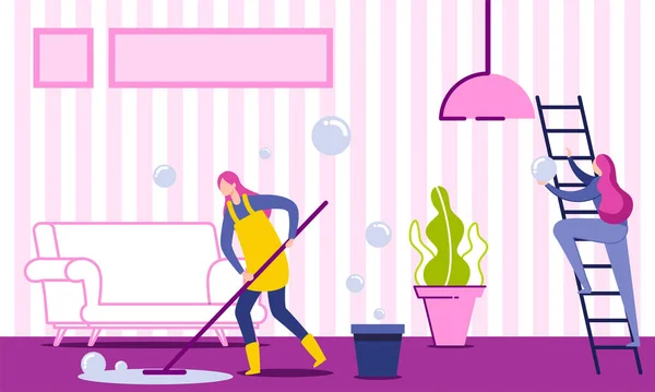 Donna governante pulizia e lavaggio pavimento . — Vettoriale Stock