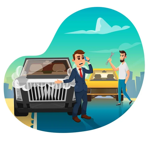 Help with Broken Car on Road in City Flat Cartoon — Stock Vector