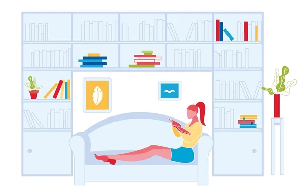 Donna sdraiata sul divano Holding e libro di lettura . — Vettoriale Stock