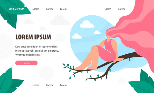 Vrouw zittend op boom tak landing pagina Template — Stockvector