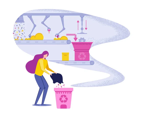 Mujer arrojando basura y apoyando el reciclaje . — Vector de stock