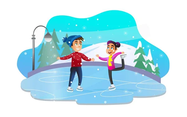 フィギュアスケートの練習をしている幸せな男の子と女の子. — ストックベクタ