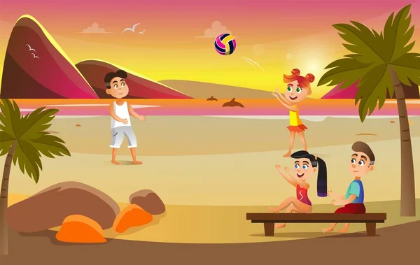 Beachvolleyball-Wettbewerb am Meer, Kinderspiel. — Stockvektor