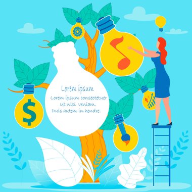 İş Fikirleri Ağacı ve Karikatür Kadını Merdivende