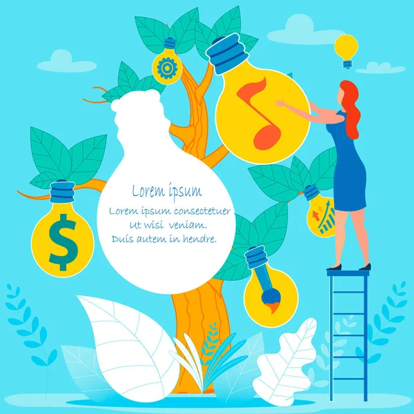 (Inggris) Business Ideas Tree and Cartoon Woman on Ladder - Stok Vektor