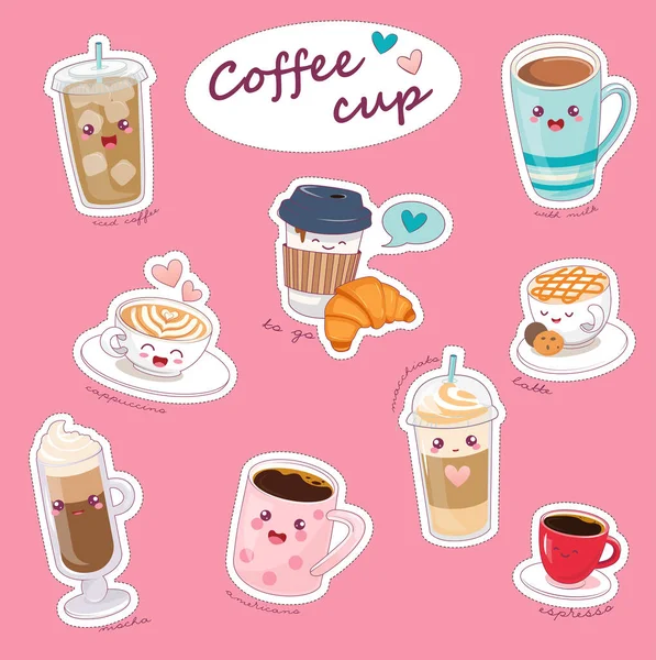 Tazas de café Kawaii con diferentes bebidas calientes . — Archivo Imágenes Vectoriales