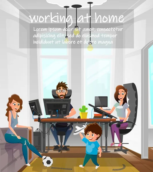 Werken bij Home Cartoon Family Freelance Werk — Stockvector