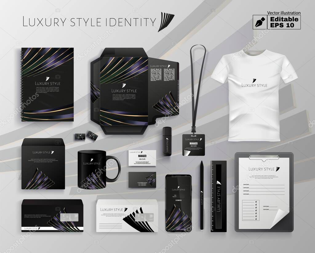Luxury Style Identity Editable Vector Illustration. Company Name Logo on Stationery Letter Envelope Blank Set. Business Card Print Template. Package Design. Promotional Mug Cup T-shirt