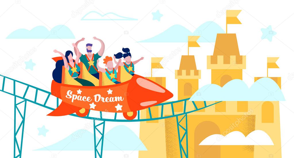 Happy Family Riding on Roller Coaster Flat Vector
