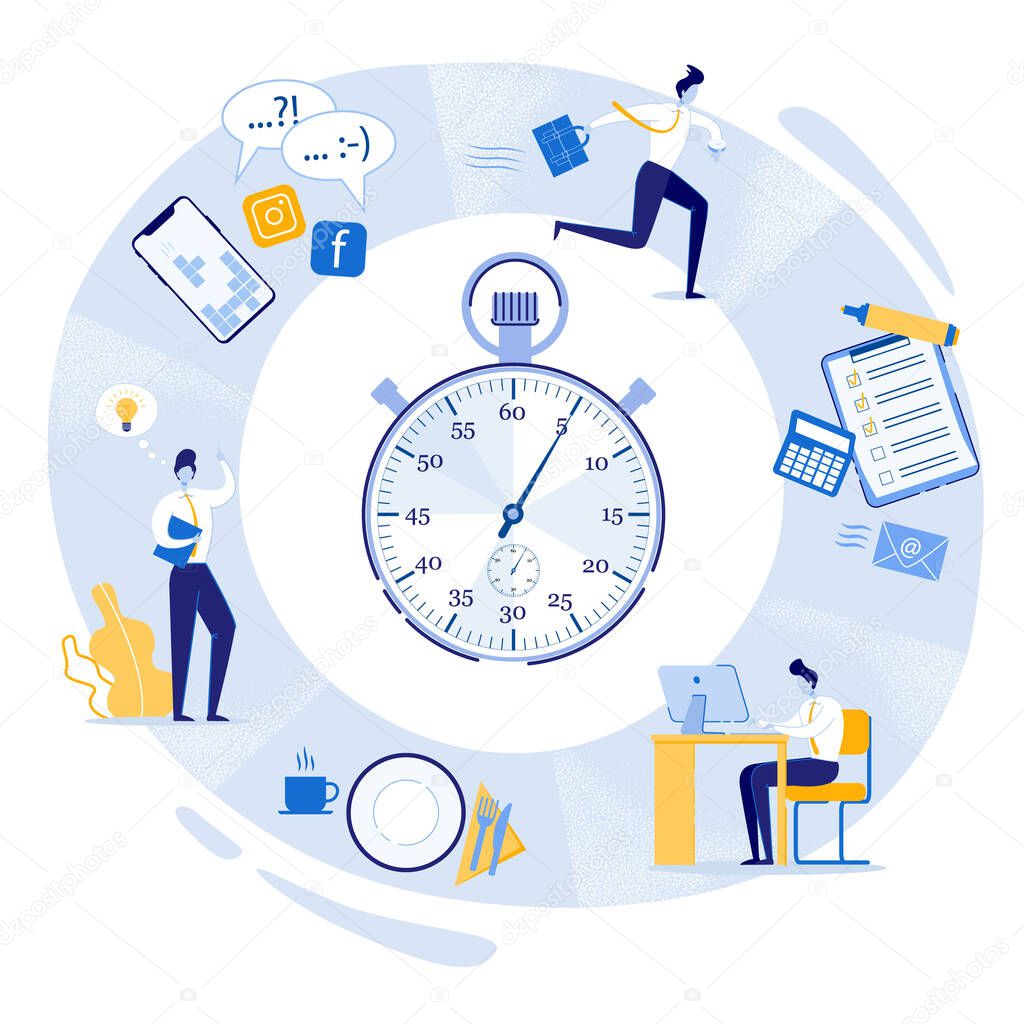 Working Day, Stopwatch with Daily Tasks Vector.