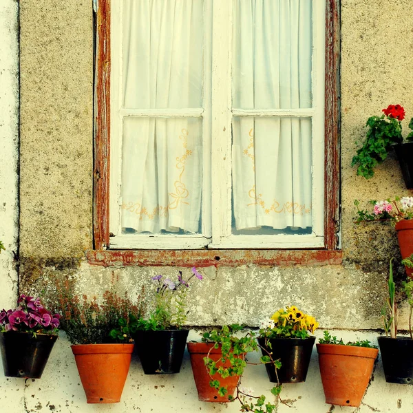 Fönster blomma krukor Europeiska by — Stockfoto