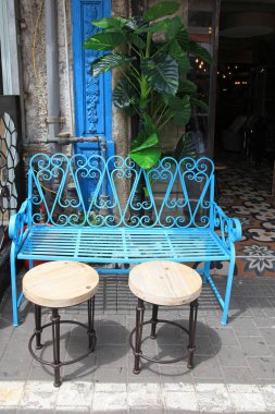 Vintage mavi demir mobilya Jaffa bit pazarı, Tel Aviv