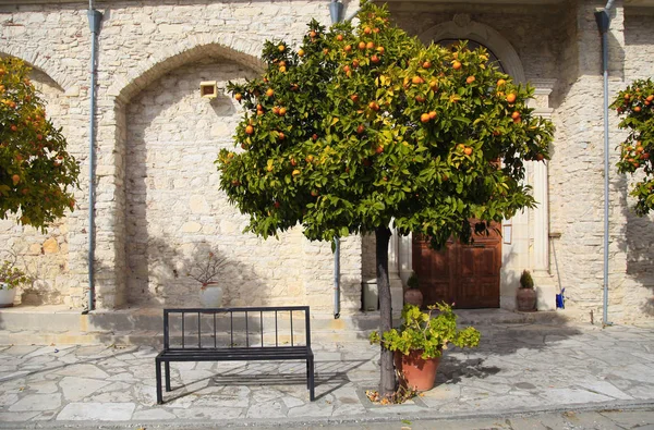 Orangenbaum und Bank in malerischem Dorf laneia (lania), Zypern — Stockfoto