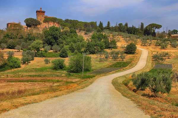 Paesaggio rurale con vecchia torre e strada di campagna, Toscana, Italia — Foto Stock