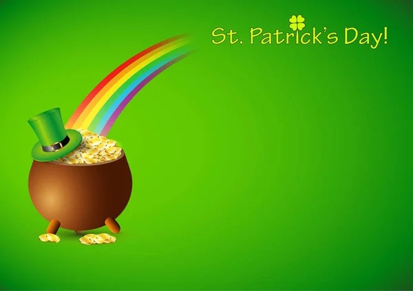 Green Background Pot Full Gold Coins Patrick Day — Stock Vector