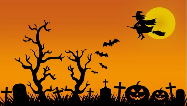 Cadı, yarasalar, balkabakları ve mezar taşları ile mezarlıkta Cadılar Bayramı gecesi