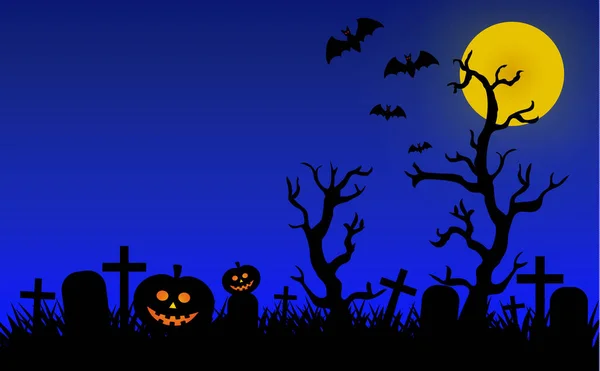 Noche Halloween Cementerio Con Luna Llena Lápida — Vector de stock