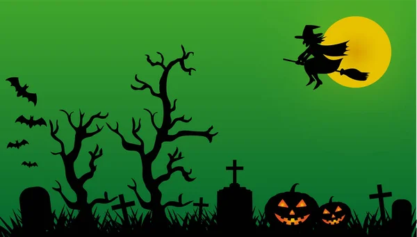 Noche Halloween Cementerio Con Brujas Murciélagos Calabazas Lápidas — Vector de stock