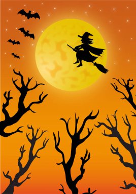 Süpürgedeki cadı Ayın önünde uçuyor