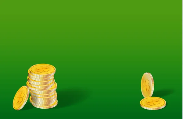 金シャムロックコインと緑の背景 — ストックベクタ