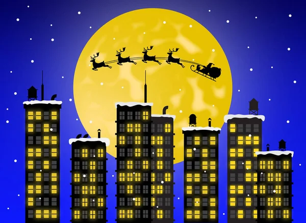 Święty Mikołaj Latający Saniami Reniferami Nad Budynkami Miasta — Wektor stockowy