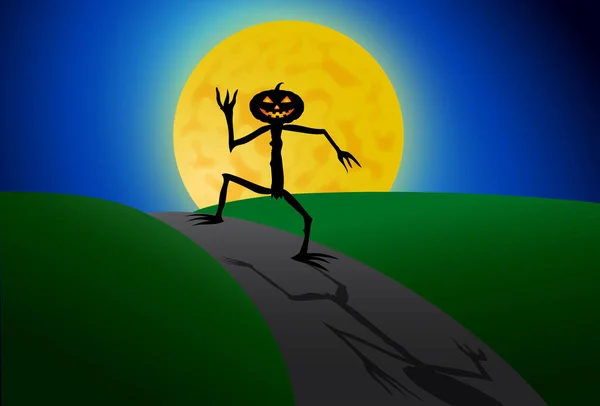 Halloween Citrouille Homme Marche Dans Lune — Image vectorielle