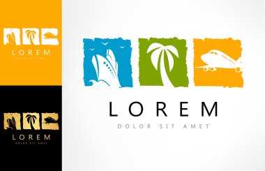 Seyahat logosunu görmeniz gerekir. Gemi, palmiye ağacı ve bir uçak vektör.