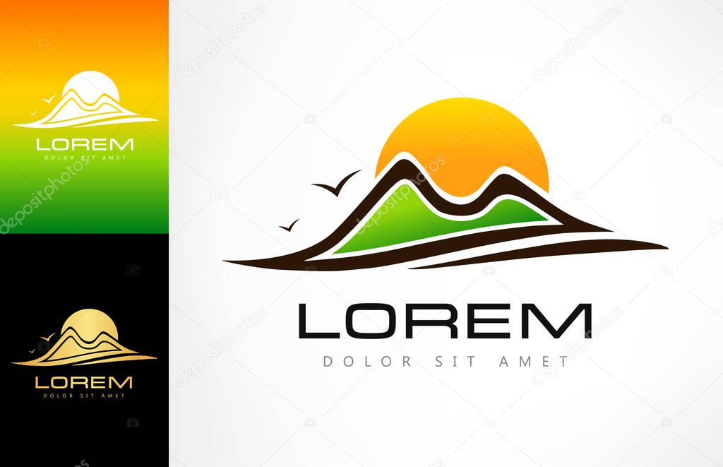 Mountains and sun logo vector. Nature design.