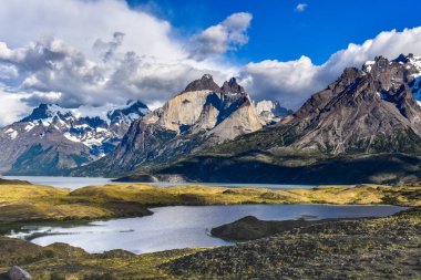 Panoramik Los Cuernos ve Lago Nordenskjold, Torres del Paine Milli Parkı, Patagonia, Şili
