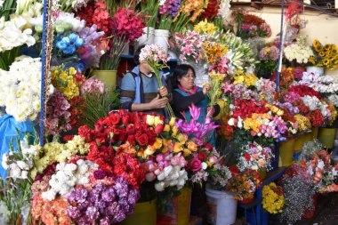 Cuzco, Peru - 29 Mart 2018: Mercado San Pedro market bir ahır satışa renkli çiçekler